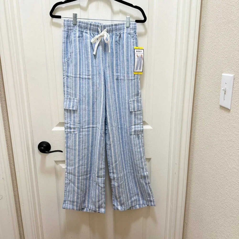 Roxy Women's Linen Blend Cargo Pant Size S Blue Cottagecore Coastal Boho Beach - Picture 15 of 15
